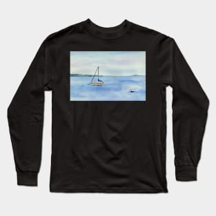 Boat in Maine Watercolor Art Long Sleeve T-Shirt